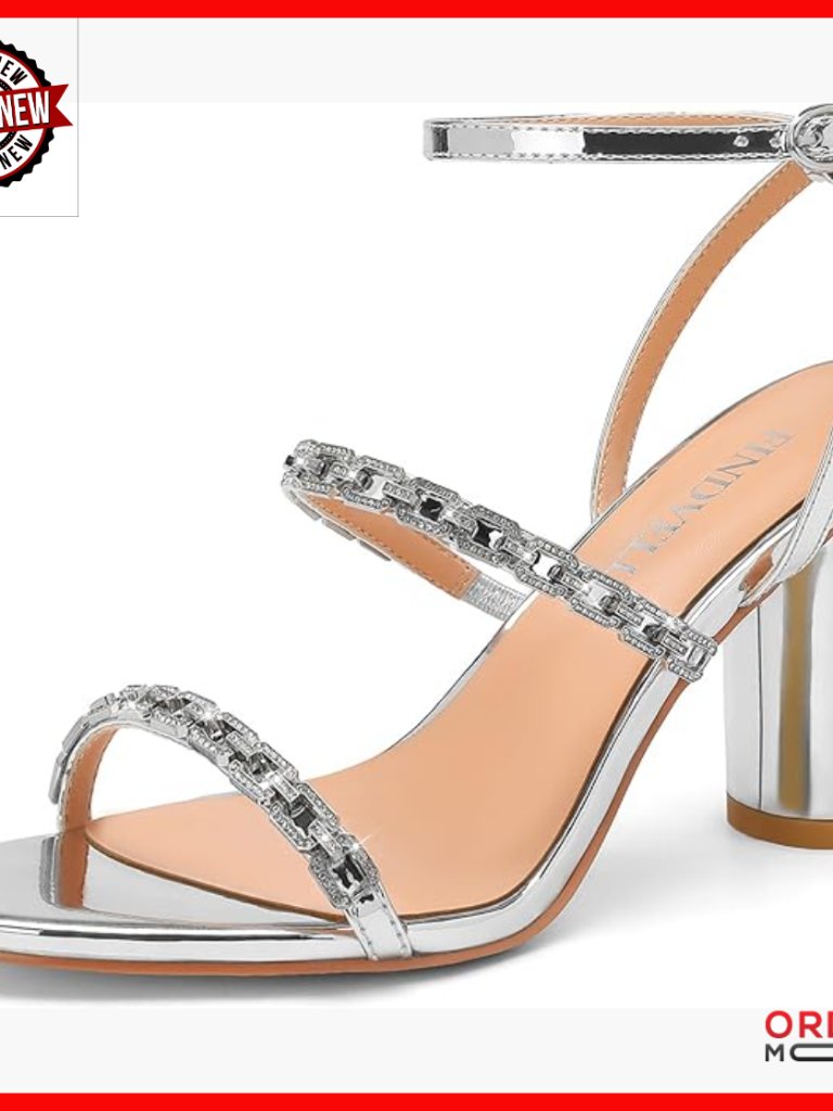 Strappy Heels Rhinestone Chain Chunky Sandals Open Toe Glitter Block Heel